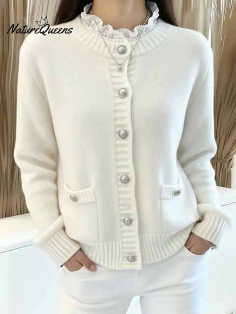 Women's Christmas Collar Cardigan Sweater with Lace Trim
