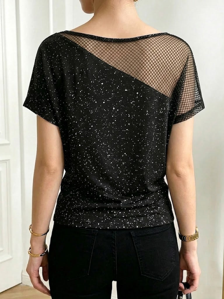 Sparkly Casual Spliced mesh & Knit Stretch Cotton Top