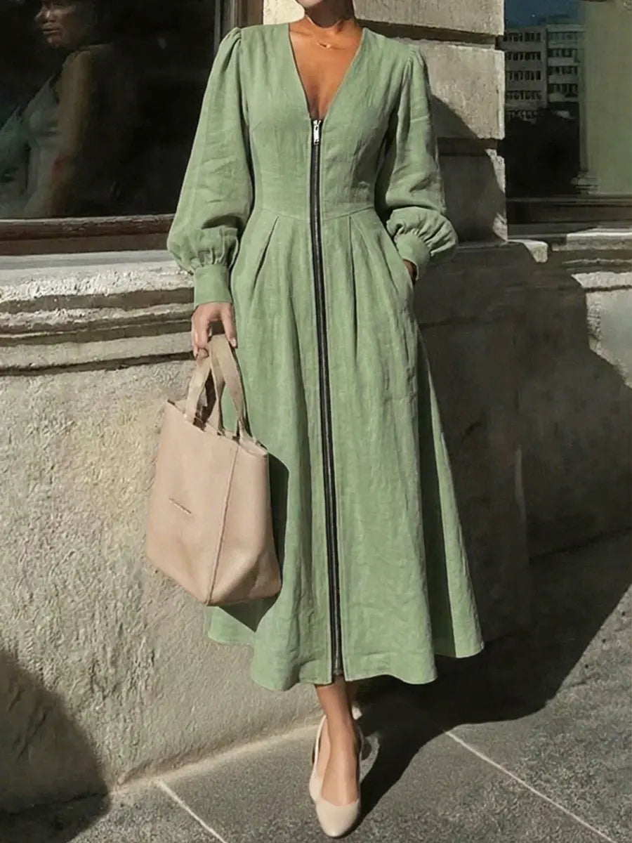 Women's Solid Color Zip Art Casual Fashion Cozy Cotton Linen Dress