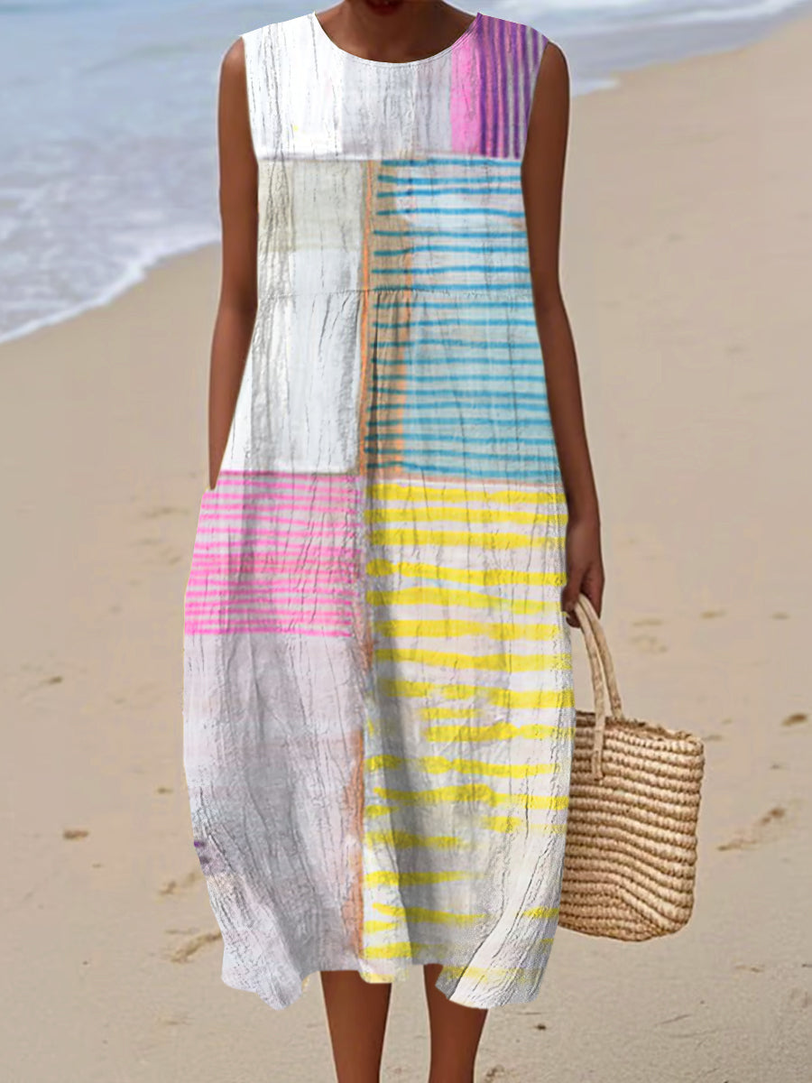 Women's Vintage Geometry Art Print Sleeveless Cotton Pocket Wrap Dress