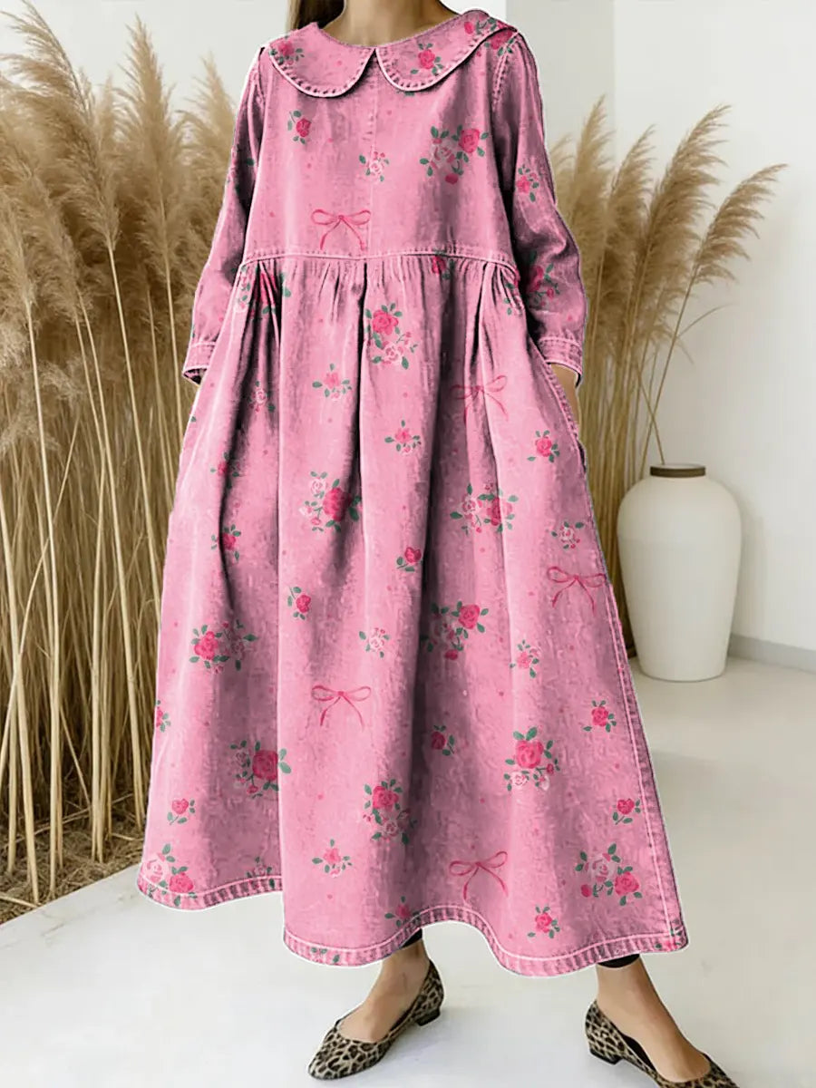 Women Floral Pattern Art Print Casual Denim Dress