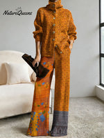 Women's Retro Abstract Geometric Colorful Splicing Patterns Art Print Casual Cotton Knitted Suits