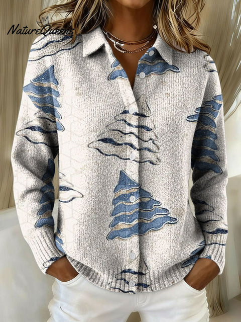 Winter Christmas tree decoration pattern Women's Casual Shirt Collar Sweater