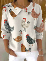 Women'sCute Chick Print Casual Peter Pan Collar 3/4 Sleeve Sweater