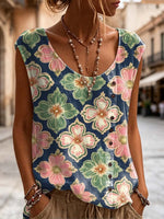 Women's Floral Pattern Art Print Casual Sleeveless Cotton Shirt