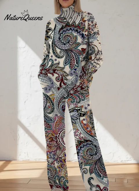 Women's Retro Cashew Flowers Art Print Casual Knit Set