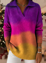 Christmas Retro Gradient Ethnic Art Pattern Art Polo Collar Shiny Loose Sweater Top