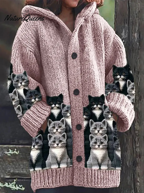 Women's Funny Cats Pattern Art Print Casual Fleece Coat