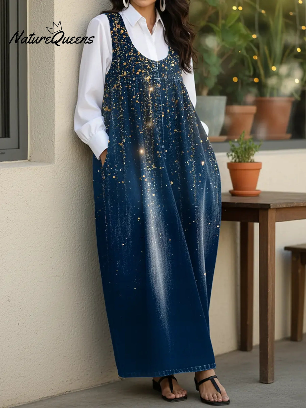 Women's Shiny Stripe Casual Loose Denim Vest Dress