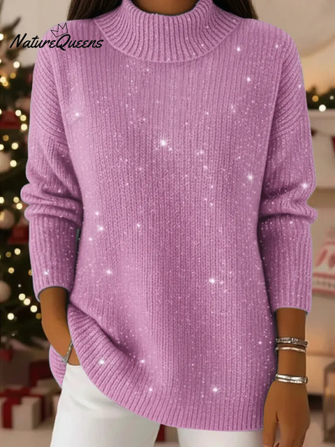 Women's Solid Color Stand Collar Casual Loose Sequined Knit Sweater
