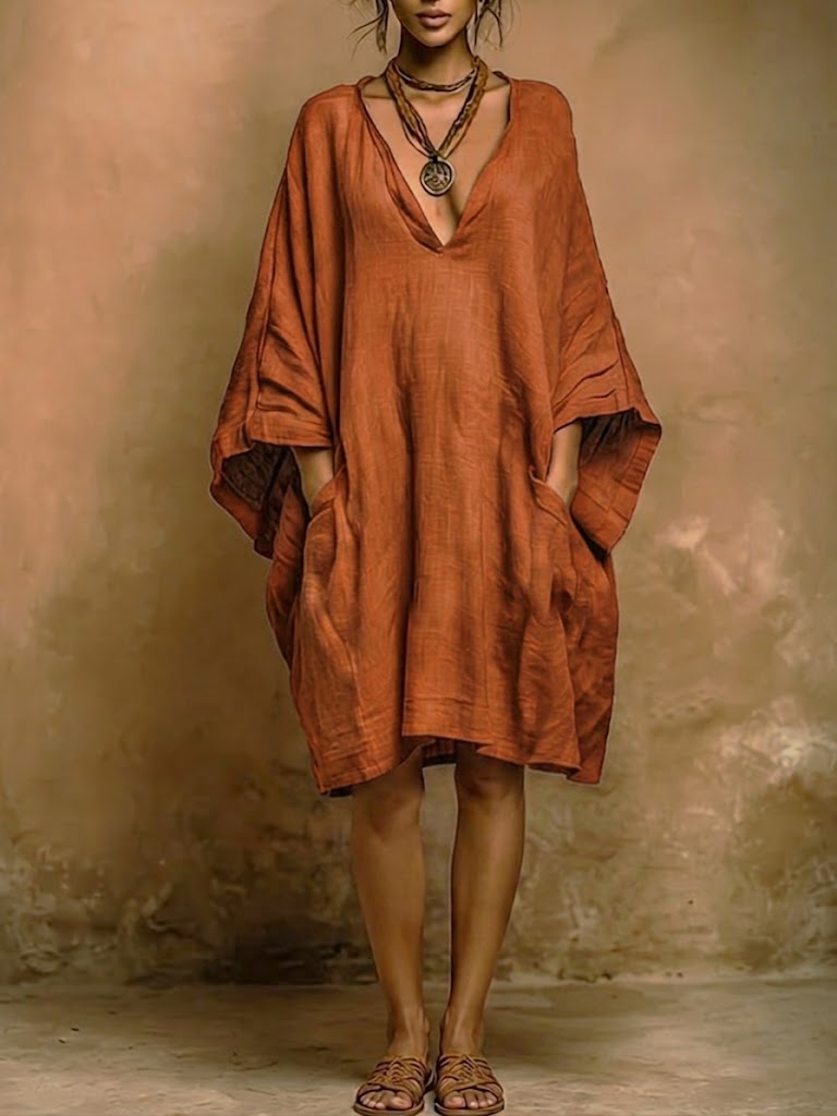 Loose Fit Casual Linen And Cotton Dress | Nature Queens