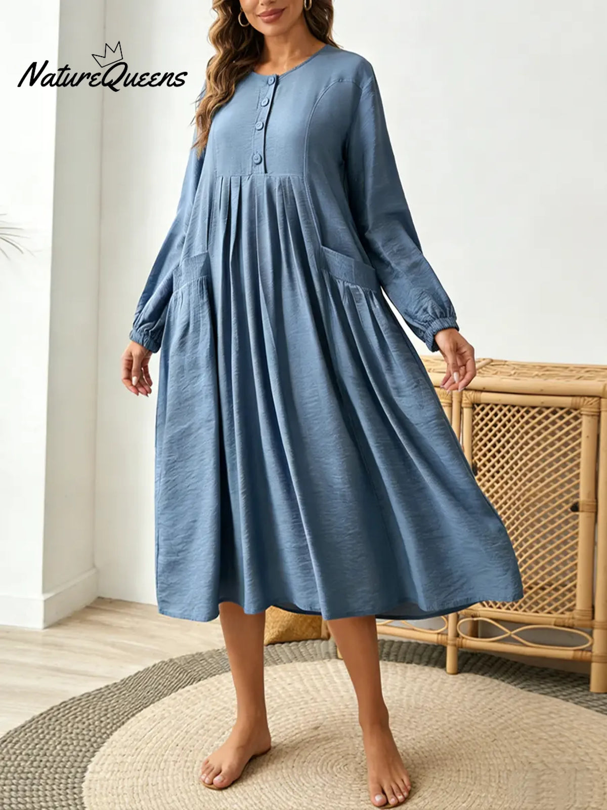 Women's Solid Color Round Neck Long-sleeved Casual Loose Cotton And Linen Dress