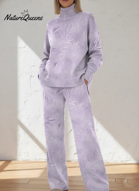 Retro Light Purple Simple Pattern Printed Casual High-neck Top And Straight-leg Pants Set