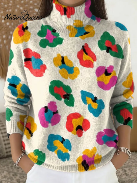 Women's Abstract Floral Pattern Art Print Knit Turtleneck Pullover Sweater