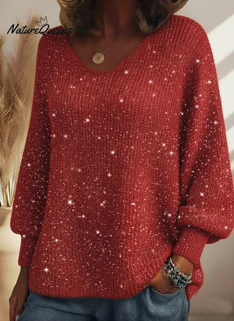 Christmas Sparkling Cozy V-neck Lantern Sleeve Knit Sweater