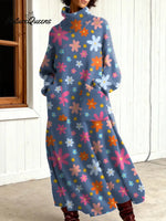 Women's Vintage Flower Art Print Casual Cotton Knitted Dress