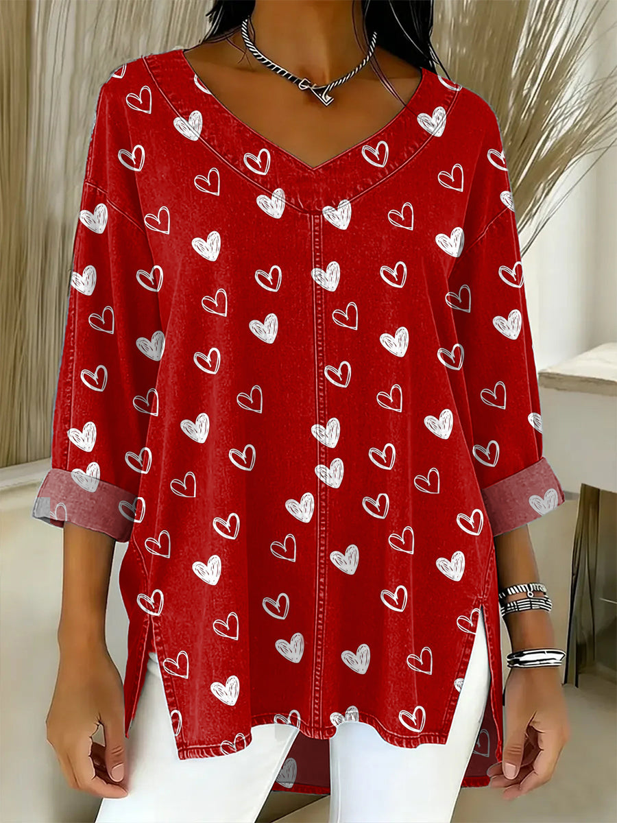 Women's Valentine's Day Heart-shaped Art Print Casual Washed Denim Cotton Top