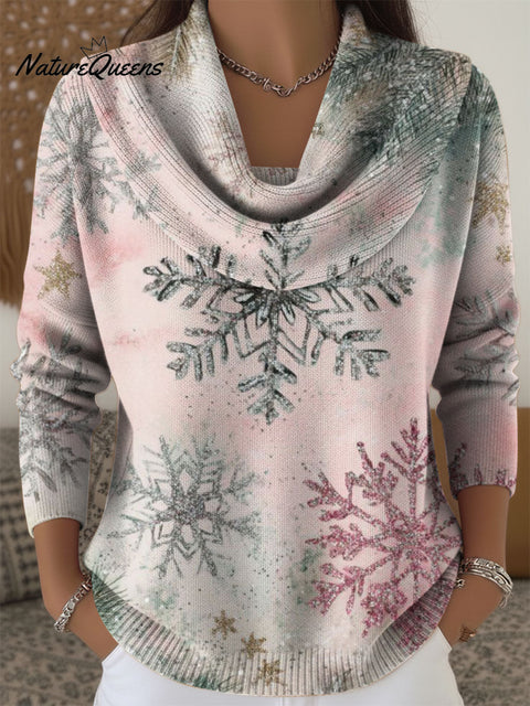 Women's Christmas Snowflake Pattern Art Print Cowl Neck Sweater