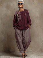 Bohemian Art Print Linen And Cotton Two-piece Top And Pants Set