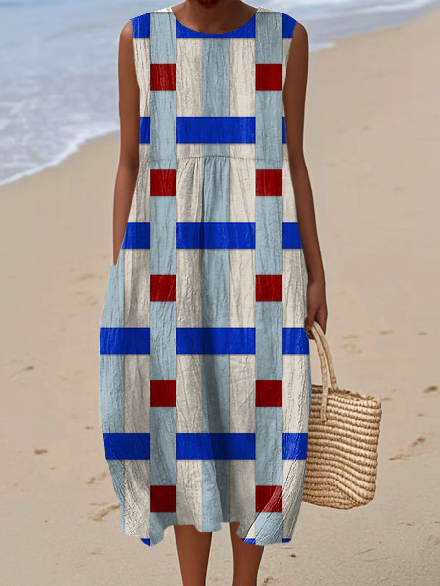 Women's Vintage Geometry Art Print Sleeveless Cotton Pocket Wrap Dress