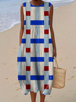 Women's Vintage Geometry Art Print Sleeveless Cotton Pocket Wrap Dress