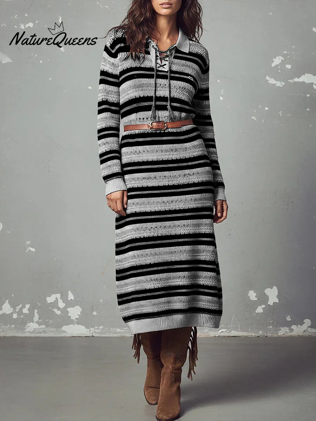 Women's Color-blocked Striped Print Cardigan Collar Long-sleeved Casual Loose Knit Dress