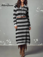 Women's Color-blocked Striped Print Cardigan Collar Long-sleeved Casual Loose Knit Dress