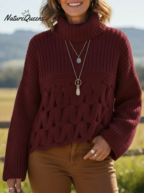 Retro High-neck Cable Knit Openwork Sweater