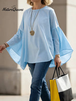 Women's Solid Color Round Neck Batwing Sleeve Casual Loose-fitting Cotton And Linen Top.