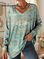 Women's Floral Nationality Pattern Art Print V-neck Casual Cotton T-shirt