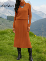 Women's Solid Color Turtleneck Knit Top and Vest Strap Knit Dress Set