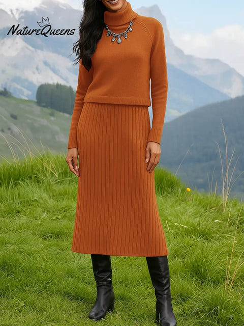 Women's Solid Color Turtleneck Knit Top and Vest Strap Knit Dress Set