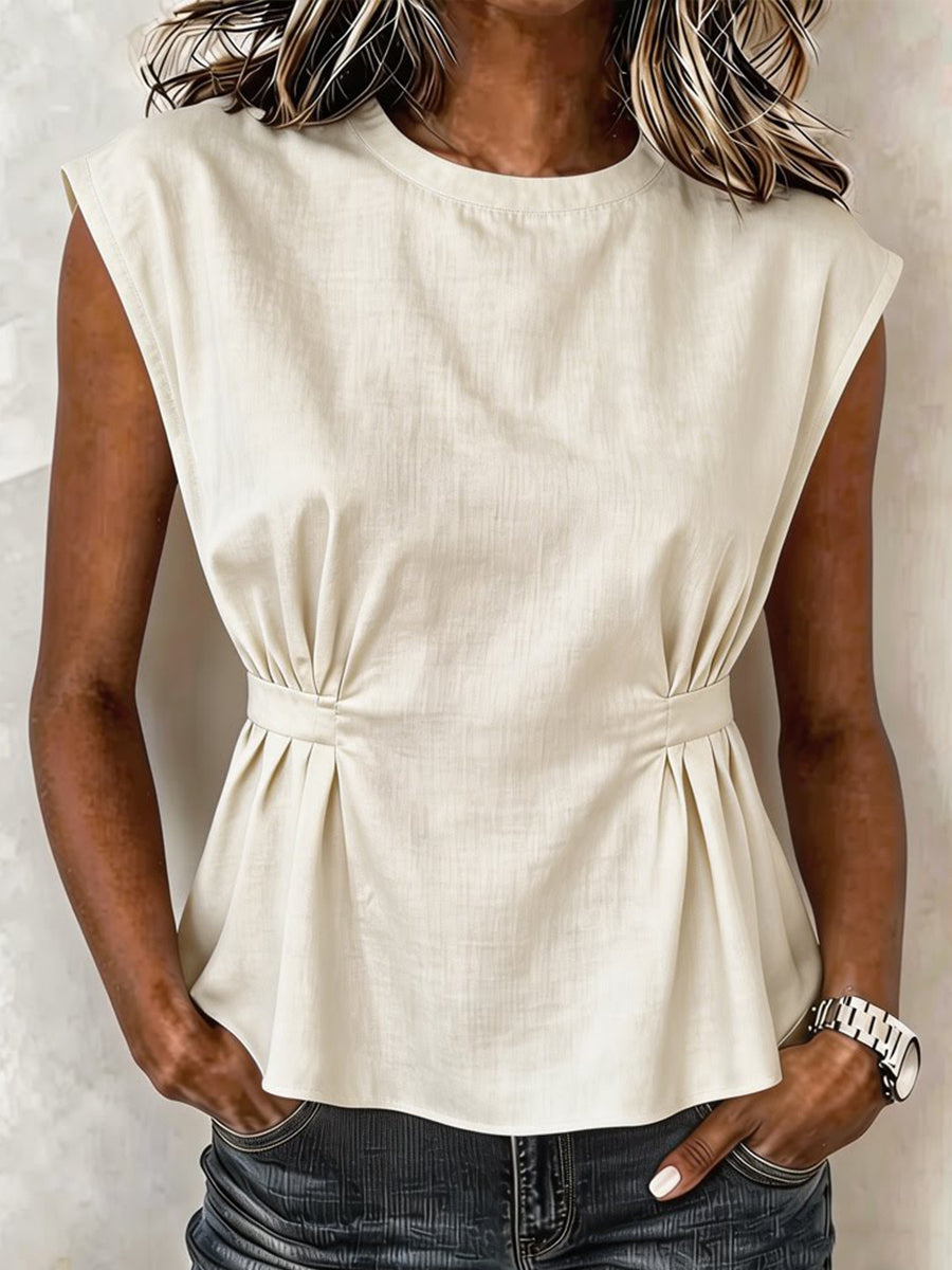 Women's Crew-neck Sleeveless Ruched Waist Shirt