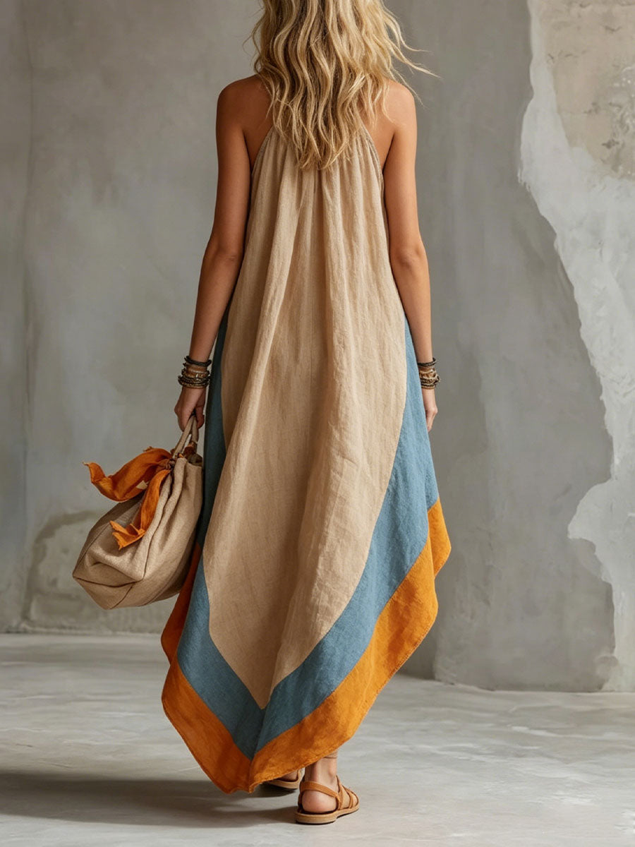 Women's Khaki Color-blocked Hem Cotton-linen Off-shoulder Maxi Dress