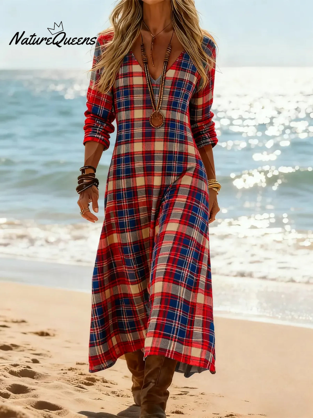 Women's Plaid Pattern Art Print Casual Cotton Dress