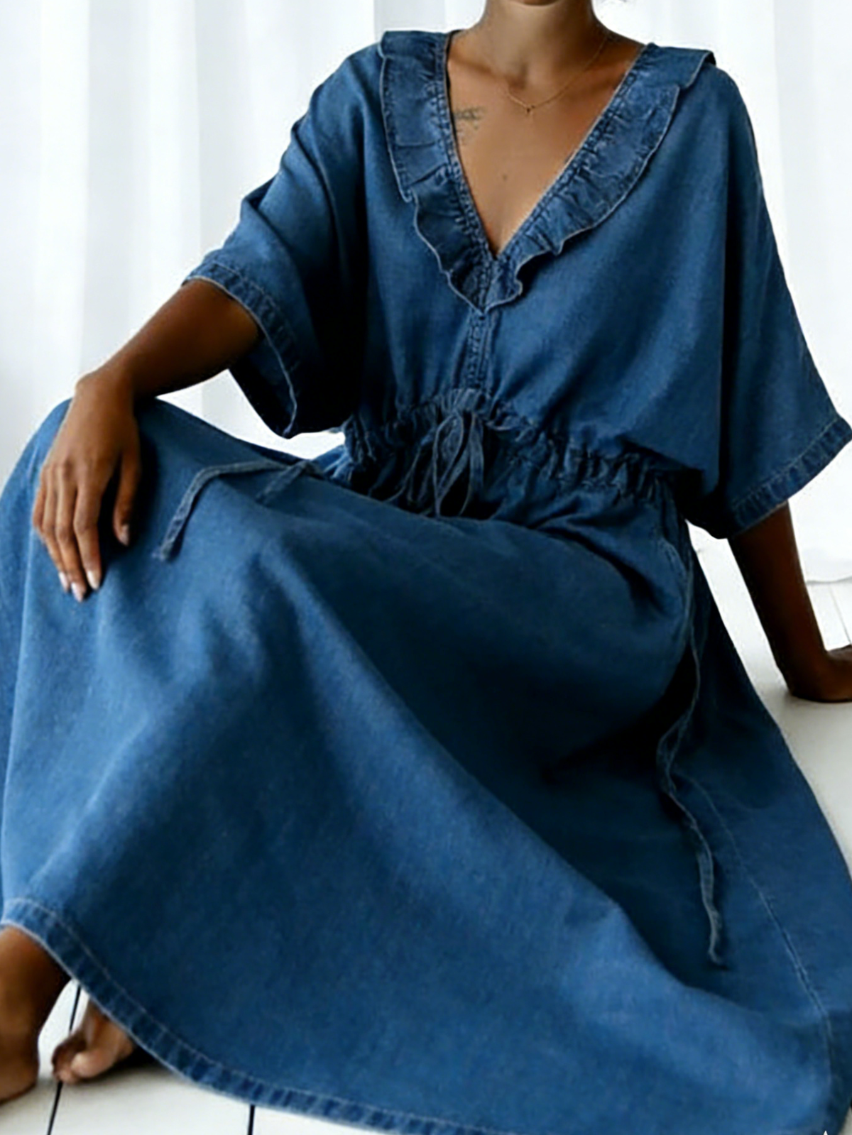 Casual Retro Ruffled Collar Loose Denim Dress
