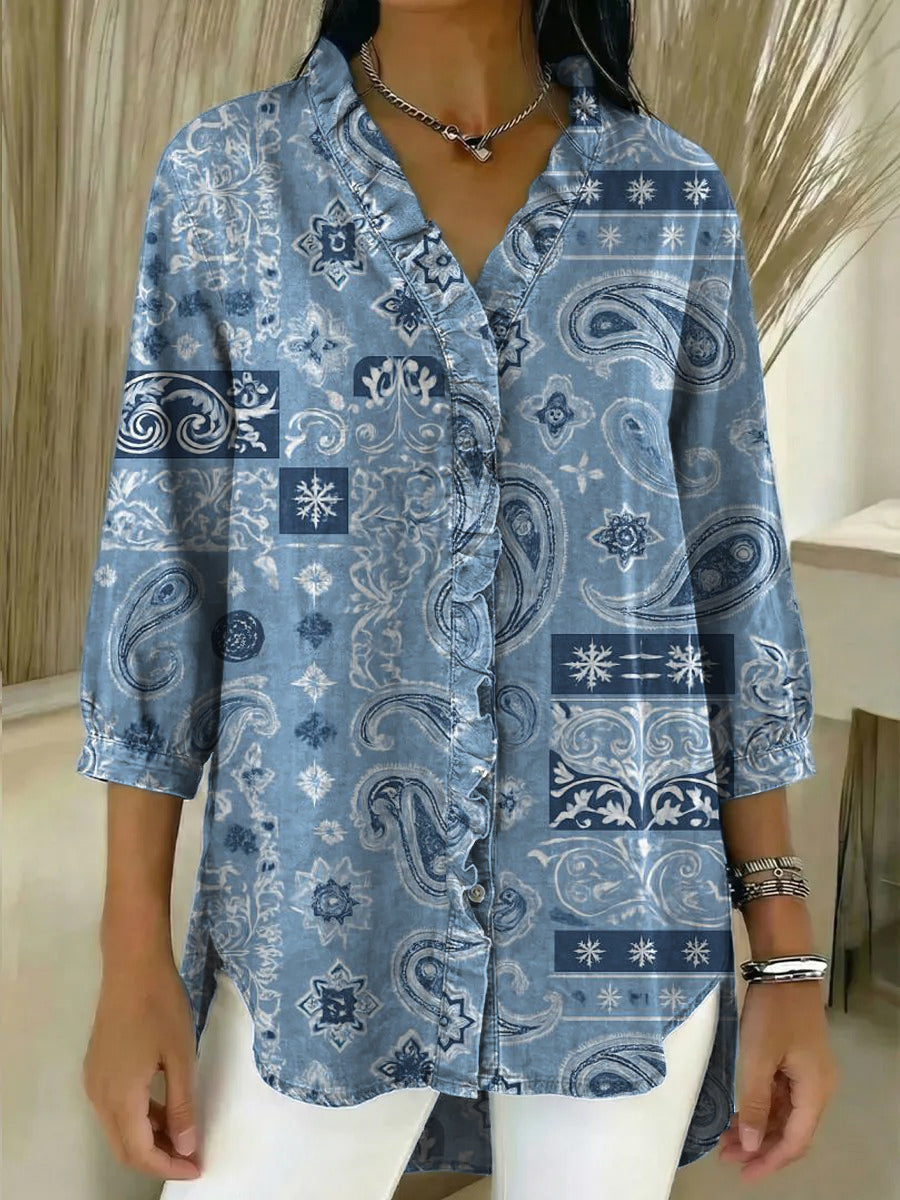 Women's Vintage Paisley Pattern Art Casual Denim V-neck Ruffled Shirt