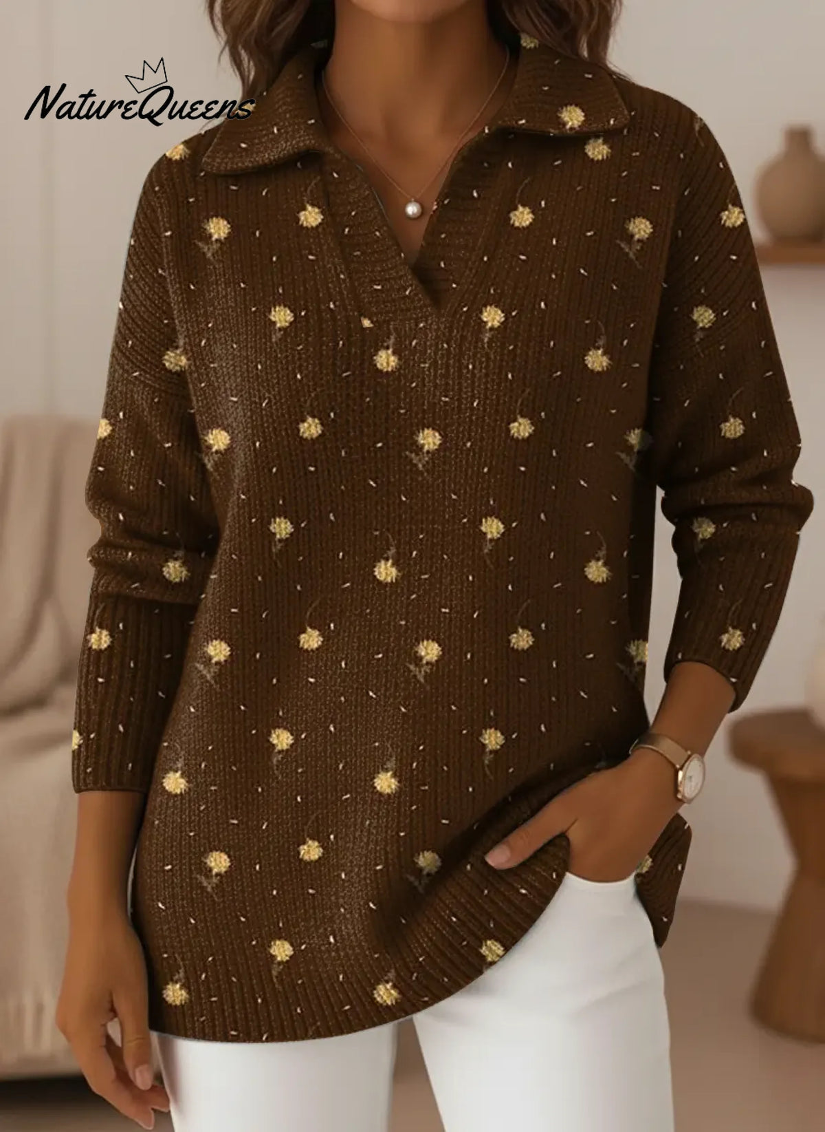 Women's Vintage Flowers Art V-neck Sweater