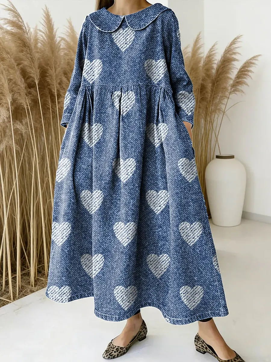 Women Love Pattern Art Print Casual Denim Dress