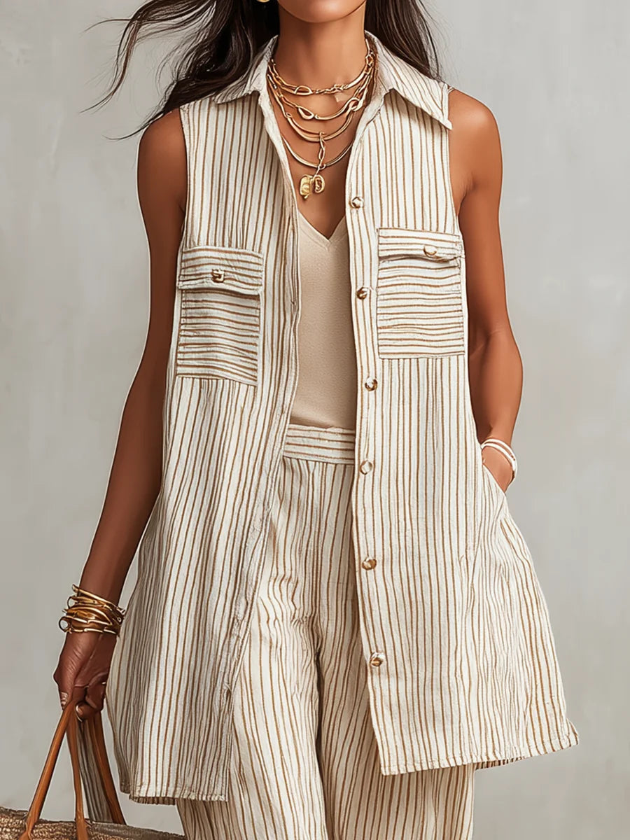Women's Striped Art Casual Top And Pants Cotton Linen Suits