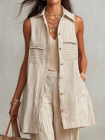 Women's Striped Art Casual Top And Pants Cotton Linen Suits