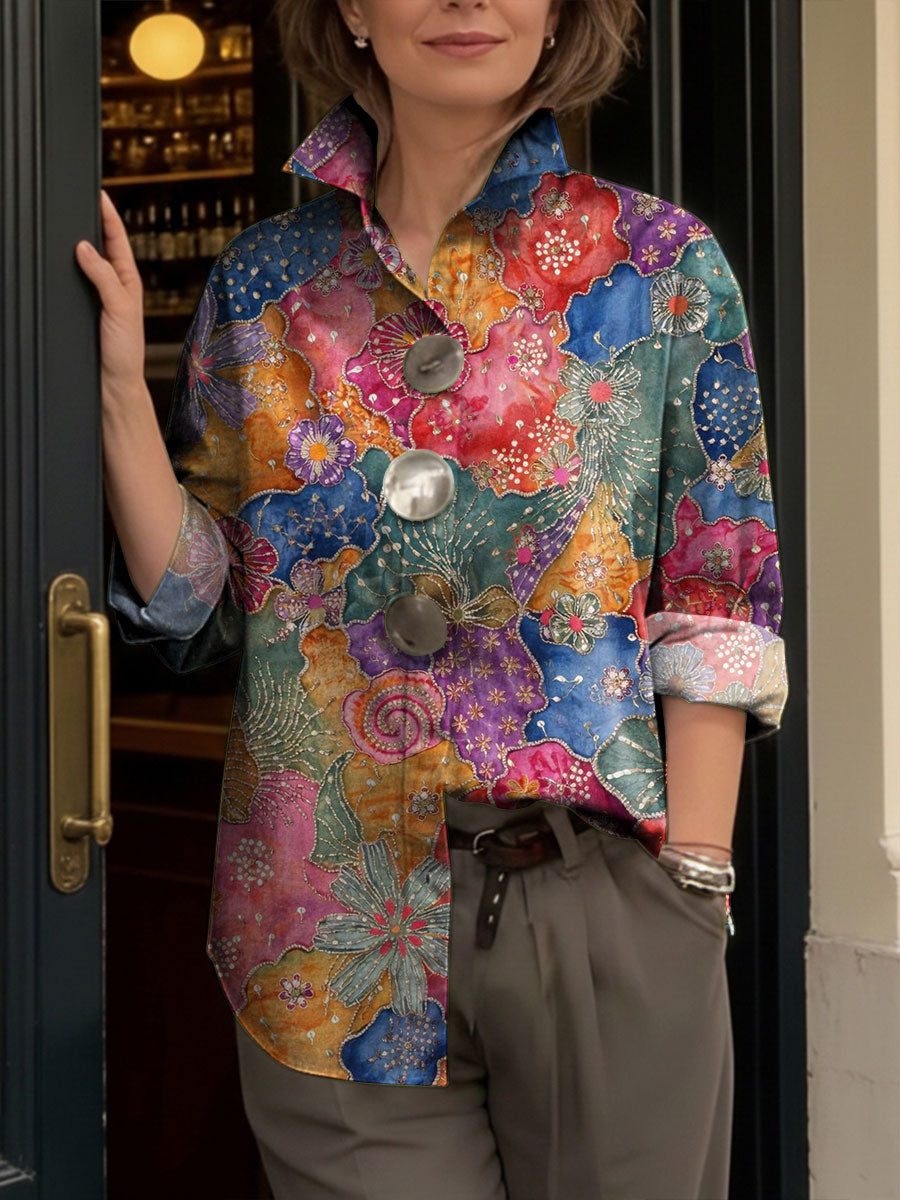 Women's Artistic Floral Print Metal-button Shirt