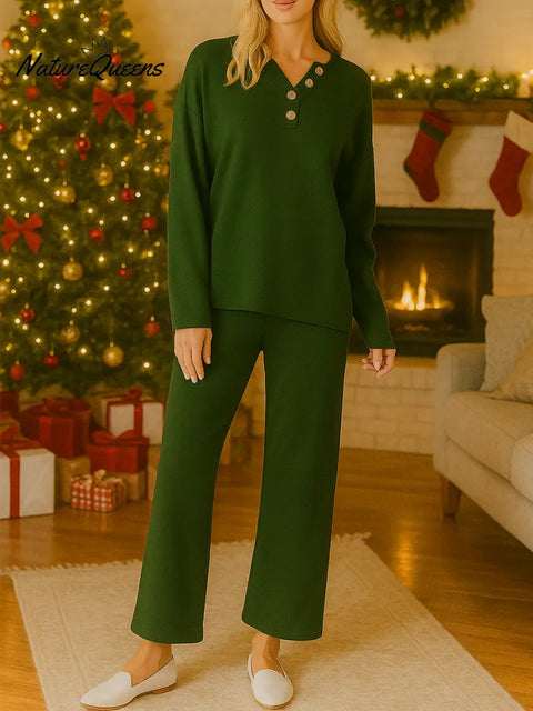 Women's Solid Color V-Neck Long Sleeve Casual Loose Sweatshirt and High-Waisted Wide-Leg Pants Set