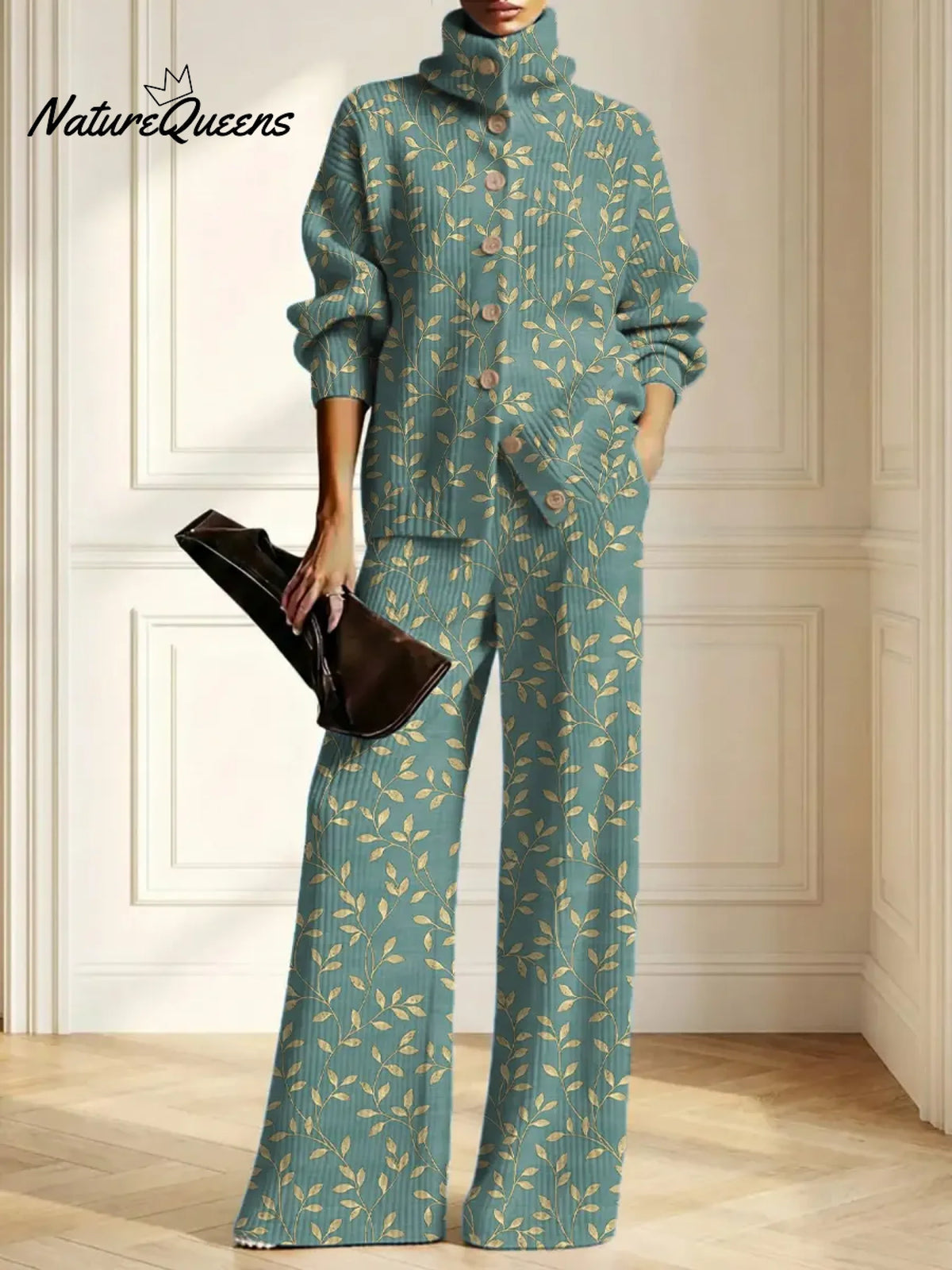 Women's Vintage Leaves Pattern Art Print Casual Cotton Knitted Suits
