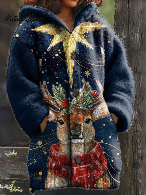 Women's Retro Christmas Cute Animals Deer Stars Pattern Art Print Casual Plush Warm Coat