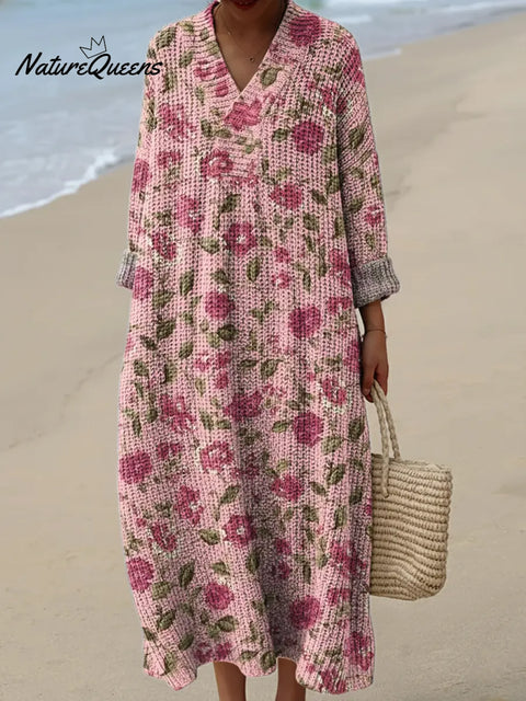 Women's Floral Art Print Casual Cotton Knitted Dress
