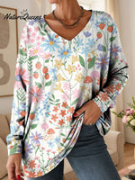 Women's Floral Pattern Art Print V-neck Casual Cotton T-shirt