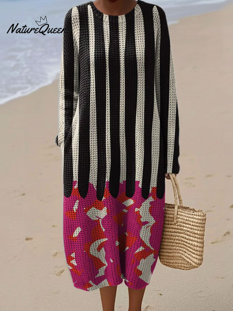 Women's Color Block Abstract Pattern Casual Round Collar Long Sleeve Dress