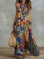 Bohemian Retro Floral Halter-neck Maxi Dress With Slit — Vacation-style Cotton-linen Printed Dress