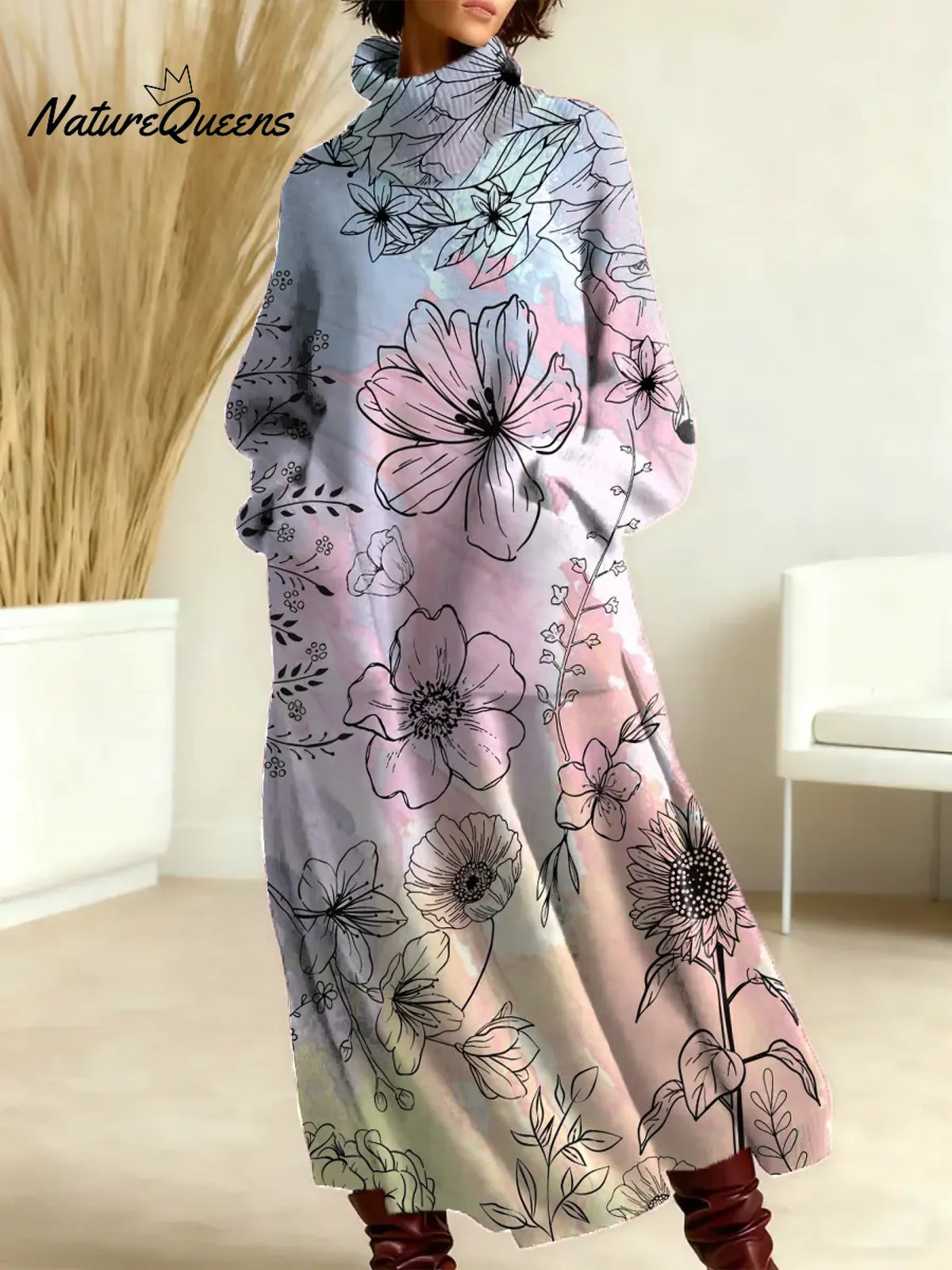 Women's Floral Pattern Art Print Casual Cotton Knitted Dress